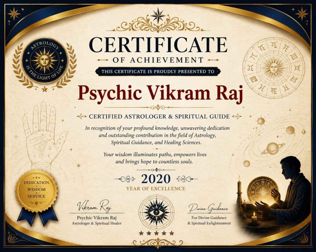 Traditional Vedic Astrology and Intuitive Consultation Certificate of Psychic Vikram Raj