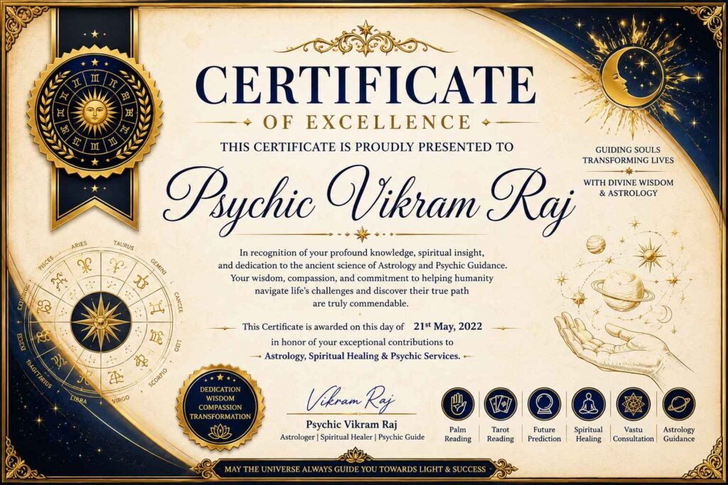 Professional Psychic Reading and Spiritual Guidance Certificate awarded to Psychic Vikram Raj
